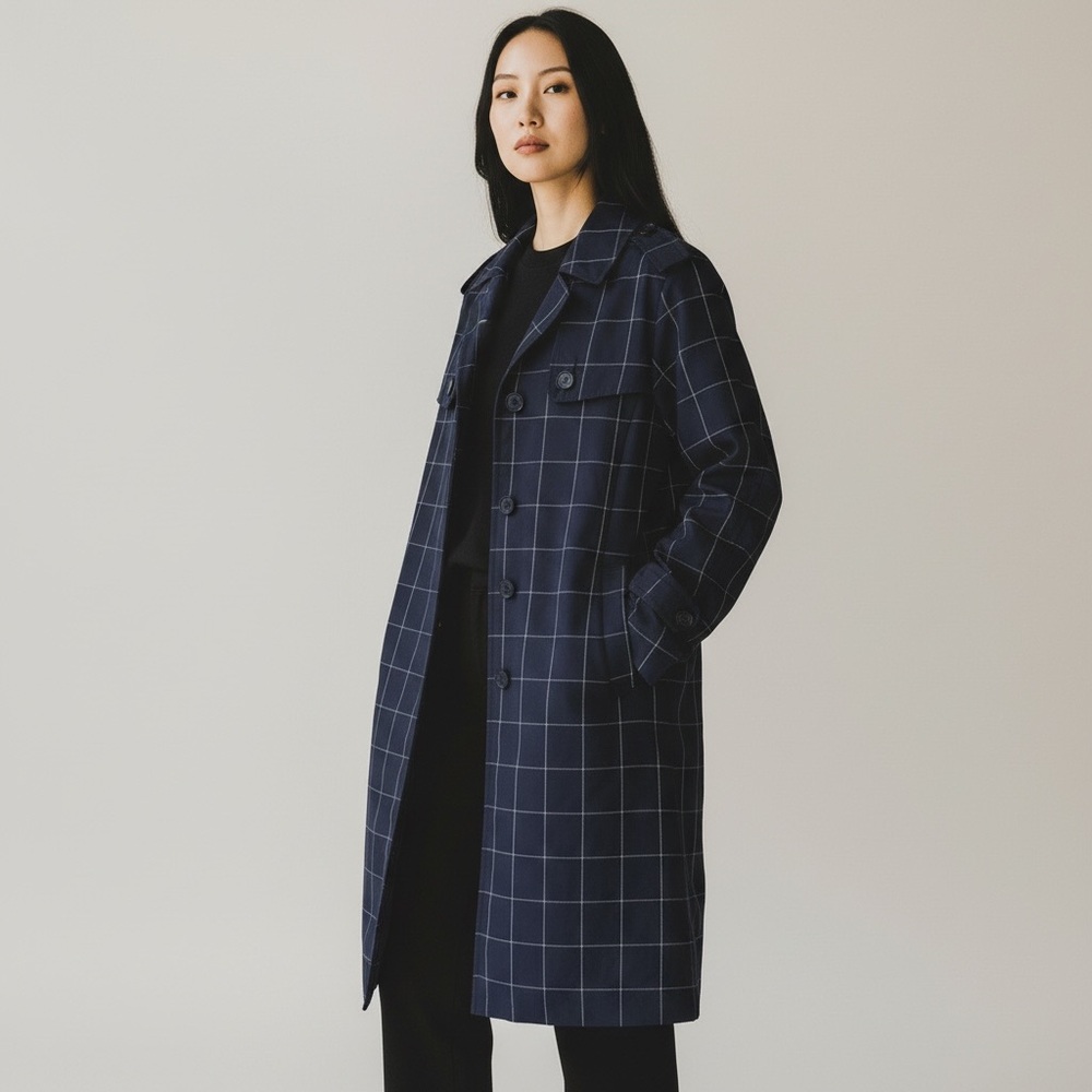 Brooks Brothers Women’s Navy Window Pane Plaid Trench Coat Size 4